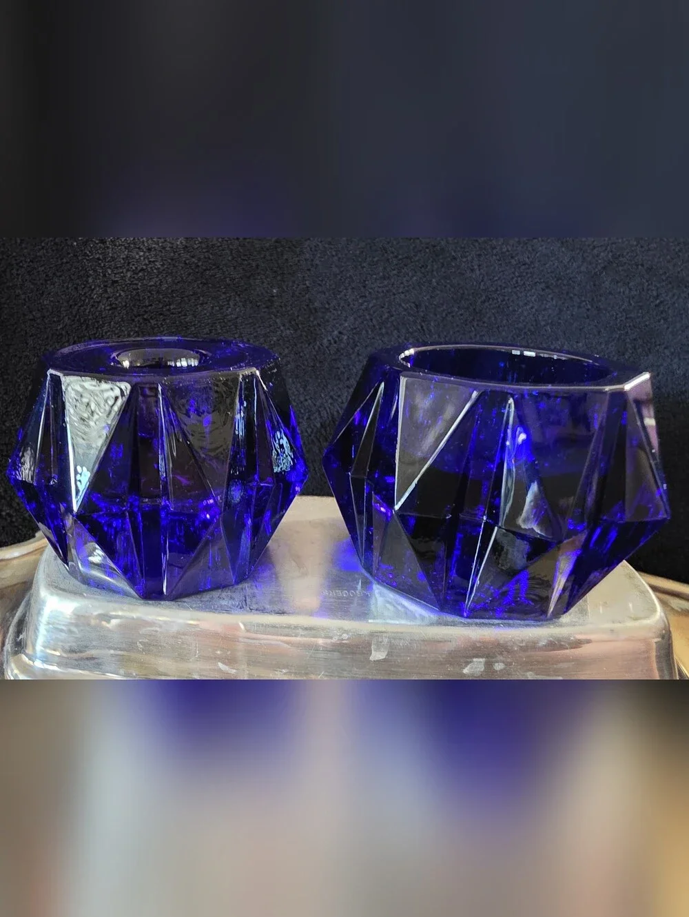 Vintage Cobalt Blue Faceted Glass Votive Candle Holders Set of 2